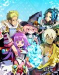  2girls 3boys arianna_caledonia arm_up bertrand_de_gervaise black_hat blonde_hair blue_fire blue_hair braid bright_pupils chloe_(sekaiju) closed_mouth collarbone commentary_request dark-skinned_male dark_skin fafnir_no_kishi_(sekaiju) fire flavio_(sekaiju) gauntlets hand_up hat long_hair looking_at_viewer multiple_boys multiple_girls open_mouth pink_eyes pink_hair purple_eyes purple_hair red-framed_eyewear sekaiju_no_meikyuu shin_sekaiju_no_meikyuu_2 short_hair smile split_mouth tansan3 twin_braids white_hair witch_hat 