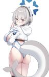  1girl absurdres ass back_cutout black_choker blue_archive blue_halo breasts cetacean_tail choker cleavage clothing_cutout commentary cowboy_shot fins fish_tail from_behind glasses grey-framed_eyewear grey_hair grey_pupils halo headphones highres hooded_shrug kotone_(blue_archive) large_breasts looking_at_viewer multicolored_one-piece_swimsuit one-piece_swimsuit round_eyewear short_hair shrug_(clothing) simple_background skindentation sob_(submar1089) solo swimsuit tail white_background white_one-piece_swimsuit white_shrug 