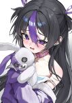  1girl absurdres belt_collar black_hair blush collar commentary_request goddess_of_victory:_nikke hair_between_eyes hair_ribbon highres hugging_doll hugging_object jacket jacket_partially_removed long_hair looking_at_viewer mole mole_under_eye multicolored_hair pink_collar purple_eyes purple_hair purple_jacket purple_ribbon purple_streaks ribbon rosu_1109 shirt solo strap_slip streaked_hair stuffed_animal stuffed_rabbit stuffed_toy syuen_(nikke) syuen_(young)_(nikke) tearing_up two_side_up white_background white_shirt 