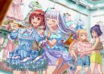  4girls alternate_costume bare_shoulders blonde_hair blue_dress blue_hair blush closed_eyes clothes_shop commentary_request crop_top dress feet_out_of_frame gabriel_dropout gabriel_tenma_white hair_ornament hairclip highres indoors long_hair looking_at_another mokomokomokomokomo8 multiple_girls open_mouth raphiel_shiraha_ainsworth red_eyes red_hair satanichia_kurumizawa_mcdowell shirt shop short_hair shorts standing standing_on_one_leg sweat vignette_tsukinose_april white_hair yellow_shorts 