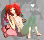  barefoot hoe_(dbp) kujikawa_rise persona persona_4 pillow red_hair smile solo suspenders twintails 