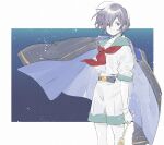  1girl akagashi_hagane belt belt_buckle black_belt black_coat black_hair border buckle coat coat_on_shoulders collared_shirt commentary_request gloves hishaku holding holding_ladle ladle midriff_peek murasa_minamitsu neckerchief outside_border red_neckerchief shirt short_hair short_sleeves shorts solo touhou white_border white_gloves white_shirt white_shorts 