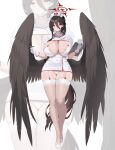  1girl absurdres black_hair black_wings blue_archive blush breasts cleavage commentary ddog dress feathered_wings full_body garter_straps gloves groin hair_between_eyes halo hasumi_(blue_archive) hat highres huge_breasts long_hair low_wings mask mask_pull mole mole_under_eye mouth_mask nurse nurse_cap ponytail puffy_short_sleeves puffy_sleeves red_eyes red_halo shoes short_sleeves shrug_(clothing) solo thighhighs thighs very_long_hair white_dress white_gloves white_shoes white_shrug white_thighhighs wings 
