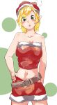  1girl alternate_costume belt blonde_hair blush breasts brown_belt commentary_request cowboy_shot fur-trimmed_skirt fur_trim green_eyes hand_on_own_hip hat highres koma_kitsune_(kururito) looking_at_viewer medium_breasts midriff mizuhashi_parsee navel open_mouth pointy_ears pom_pom_(clothes) red_hat red_skirt red_tube_top santa_costume santa_hat short_hair skirt solo strapless touhou tube_top white_background 