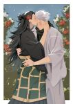  2boys absurdres black_hair black_scarf blue_sky border camellia closed_eyes closed_mouth earrings flower geto_suguru gojo_satoru grey_hair hair_bun hair_flower hair_ornament highres jewelry jujutsu_kaisen kiss kissing_forehead long_hair long_sleeves male_focus multiple_boys outdoors rizurin robe scarf sideburns signature sky white_border white_hair yaoi 