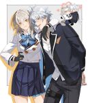  1boy 1girl 625light absurdres alternate_costume antenna_hair arm_around_neck arms_behind_back black_gloves black_jacket black_pants blazer blue_bow blue_bowtie blue_eyes blue_skirt bow bowtie breasts buttons chibi chibi_inset collared_shirt commentary contrast_collar cowboy_shot double-breasted drop_shadow gloves graphia_academy_school_uniform grey_background grey_hair heart hetero highres honkai:_star_rail honkai_(series) jacket long_hair looking_at_viewer medium_breasts official_alternate_costume open_clothes open_jacket pants parted_lips phainon_(honkai:_star_rail) pleated_skirt school_uniform shirt short_hair simple_background skirt smile stelle_(honkai:_star_rail) thigh_strap trailblazer_(honkai:_star_rail) two-tone_background untucked_shirt white_background white_hair white_jacket white_shirt yellow_eyes 