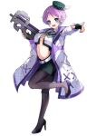  1girl absurdres artist_request belt black_shoes blue_eyes blush breasts bullpup commentary_request eyelashes fingerless_gloves fingernails fn_p90 full_body gloves gradient_hair green_gloves green_hat green_skirt gun hat hat_feather high_heels highres holding holding_gun holding_weapon indie_virtual_youtuber jacket long_sleeves midriff multicolored_hair nail_polish navel official_art open_clothes open_jacket open_mouth osakima_shiro outstretched_arm pantyhose pencil_skirt pointing purple_hair purple_nails purple_pantyhose second-party_source shoes simple_background skirt smile solo standing standing_on_one_leg submachine_gun teeth two-tone_hair virtual_youtuber weapon white_background white_belt white_jacket 