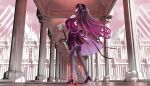  1girl absurdres arcaea architecture back_cutout bare_back bare_shoulders black_dress black_hair black_pantyhose black_shoes clothing_cutout collared_dress colored_inner_hair commentary dress full_body gradient_hair greco-roman_architecture highres holding holding_sword holding_weapon kouch4n long_hair long_sleeves looking_at_viewer looking_back mir_(arcaea) multicolored_hair pantyhose planted planted_sword purple_hair red_eyes shoes shoulder_cutout signature smile solo standing sword teeth weapon wide_sleeves 