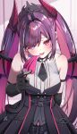  1girl alternate_breast_size_(larger) arm_behind_back arm_strap azki_(hololive) azki_(little_devil)_(hololive) back_cutout bare_shoulders black_dress black_gloves black_necktie black_shorts black_tail black_tiara black_wings blush breasts brown_hair butterfly_brooch clothing_cutout colored_inner_hair commentary_request cowboy_shot demon_girl demon_horns demon_wings dress elbow_gloves front_slit gloves gradient_tail hair_intakes heterochromia highres holding_own_tail hololive horns large_breasts long_hair looking_at_viewer matsubara_tsuyoshi mole mole_under_eye multicolored_hair necktie official_alternate_costume official_alternate_hairstyle open_mouth pink_hair pink_horns pink_streaks pink_tail purple_eyes raised_inner_eyebrows red_eyes seductive_smile shirt short_necktie shorts sidelocks sleeveless sleeveless_shirt smile solo strapless strapless_dress streaked_hair swept_bangs tail tiara twintails very_long_hair virtual_youtuber wallet_chain white_shirt white_streaks wings 