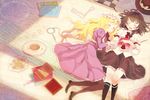  black_hair blonde_hair book bookmark braid cookie cup domotolain food hat highres long_hair magnifying_glass maribel_hearn multiple_girls necktie pantyhose short_hair sleeping teacup touhou usami_renko 