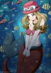  1girl bare_shoulders bikini blush breasts brown_hair cleavage clownfish collarbone commentary english_commentary fish grey_eyes hair_between_eyes highres large_breasts long_hair looking_at_viewer merfolk mermaid monster_girl monsterification ngt_(wah_ngt) pokemon pokemon_x_and_y red_bikini serena_(pokemon) smile solo stomach strapless strapless_bikini swimsuit underwater 