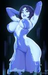  1girl arms_up artist_name black_background black_hair blue_eyes blue_lips blue_skin breasts colored_skin commentary cortana cowboy_shot cropped_legs halo_(series) highres kajin_(kajinman) large_breasts looking_at_viewer parted_lips patreon_username short_hair simple_background smile solo 