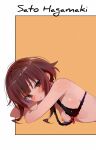  1girl armpit_crease artist_name bikini black_bikini blue_bikini blush border bow bow_bikini breasts brown_hair cleavage commentary cropped cropped_torso english_commentary frilled_bikini frills from_side frown gradient_bikini hanging_breasts head_on_arm head_rest highres kono_subarashii_sekai_ni_shukufuku_wo! looking_at_viewer lying medium_hair megumin nipples on_stomach one_breast_out orange_background oversized_breast_cup red_bow red_eyes sato_hagamaki sidelocks signature simple_background small_breasts solo swimsuit upper_body 