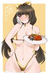  bare_arms bare_shoulders bikini black_hair blush border bow breasts cameltoe closed_mouth collarbone curvy dot_nose embarrassed food front-tie_bikini_top front-tie_top girls'_frontline girls'_frontline_2:_exilium gold_bikini gold_bow groin hand_on_own_hip hand_up heterochromia highleg highleg_bikini highres holding holding_food holding_plate huge_breasts ladyllimerence large_breasts linea_alba micro_bikini multicolored_hair navel nose_blush outside_border plate red_eyes ro635_(girls'_frontline) robella_(girls'_frontline_2) signature skindentation spaghetti_strap standing stomach streaked_hair swimsuit thick_thighs thighhighs thighs white_border white_hair white_streaks white_thighhighs yellow_eyes 