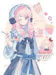  1other ;) absurdres akiyama_mizuki beads blue_bow blue_hairband blue_jacket blue_ribbon blue_skirt blush bow cake center_frills character_doll cherry closed_mouth colorful_festival_(project_sekai) commentary_request cowboy_shot cross-laced_clothes cross-laced_sleeves curled_ends doll food frilled_hairband frilled_skirt frilled_sleeves frills fruit hairband hand_up happy_birthday high_collar highres holding holding_plate holding_spoon jacket lolita_fashion lolita_hairband long_hair long_sidelocks long_sleeves looking_at_viewer official_alternate_costume official_alternate_hairstyle one_eye_closed other_focus pink_eyes pink_hair plate project_sekai ribbon sash serien shirt sidelocks skirt smile solo spoon strawberry_cake striped_clothes striped_ribbon striped_skirt swept_bangs vertical-striped_clothes vertical-striped_skirt waist_bow waist_sash white_background white_shirt 