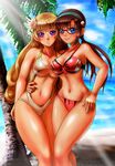  ar_tonelico ar_tonelico_ii beach bikini blonde_hair blue_eyes blush boken_fantasy breasts brown_hair chroche_latel_pastalie cleavage crossover curvy day evangelion:_2.0_you_can_(not)_advance flower glasses hairband large_breasts legs long_hair long_legs makinami_mari_illustrious multiple_girls navel neon_genesis_evangelion one-piece_swimsuit purple_eyes rebuild_of_evangelion sideboob smile swimsuit thighs twintails wide_hips 