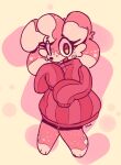 anthro babble_the_rabbit_(snapcube) barefoot black_nose buckteeth cheek_tuft clothing eyebrows eyelashes facial_tuft feet female floppy_ears freckles hi_res lagomorph leporid looking_at_viewer mammal open_mouth oversized_clothing oversized_sweater oversized_topwear pink_body pink_clothing pink_legs pink_mouth pink_sweater pink_topwear pose pupils rabbit raised_arms signature silviafoxtris simple_background solo sweater teeth topwear tuft white_sclera yellow_background yellow_pupils