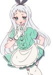  1boy :d apron arm_behind_back black_hairband black_trim blend_s blush bow_hairband center_frills collared_shirt commentary_request contrast_collar cowboy_shot crossdressing crossdressing_(mtf) finger_to_mouth frilled_apron frills gloves green_eyes green_shirt green_skirt hairband hand_up honkawa_works jitome kanzaki_hideri long_hair long_sidelocks looking_at_viewer male_focus miniskirt open_mouth pleated_skirt puffy_short_sleeves puffy_sleeves raised_eyebrow shirt short_sleeves sidelocks simple_background skirt smile solo stile_uniform thighhighs trap very_long_hair waist_apron white_apron white_background white_gloves white_hair white_thighhighs 