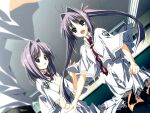  1boy 2000s_(style) 2girls angry antenna_hair blurry blurry_foreground capelet ceiling classroom clenched_hand collared_shirt cross cross_print crown_print dutch_angle from_below game_asset hair_intakes indoors kagome_(traumatize) kita_high_school_uniform_(subarashiki_hibi) long_hair looking_at_another mamiya_takuji multiple_girls necktie non-web_source official_art open_mouth out_of_frame print_capelet print_necktie raised_inner_eyebrows red_necktie school_uniform self-datamine shirt subarashiki_hibi tile_ceiling tiles twintails v-shaped_eyebrows variant_set visual_novel_cg wakatsuki_kagami wakatsuki_tsukasa white_capelet white_shirt 