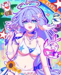  1girl absurdres bikini bird blue_hair breasts commentary_request green_eyes hair_ornament halo highres holding holding_microphone honkai:_star_rail honkai_(series) jewel_under_eye jewelry long_hair looking_at_viewer medium_breasts microphone miramofu navel necklace official_alternate_costume open_mouth outline robin_(honkai:_star_rail) robin_(summeretto)_(honkai:_star_rail) smile solo star_(symbol) star_hair_ornament stomach swimsuit twitter_username upper_body very_long_hair white_bikini white_outline 
