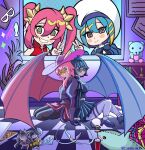  2girls absurdres ahoge back-to-back blonde_streaks blue-tinted_eyewear blue_eyes blue_hair character_doll checkered_floor diamond_(gemstone) doll duel_monster evil_twin_ki-sikil food froyolow4331 green_eyes hair_between_eyes high_heels highres i:p_masquerena ki-sikil_(yu-gi-oh!) large_hat lil-la_(yu-gi-oh!) live_twin_ki-sikil looking_at_viewer multicolored_hair multiple_girls orange-tinted_eyewear pantyhose pink_hair pizza s-force_rappa_chiyomaru s:p_little_knight screen shelf sitting skirt smile spiked_hair_ornament streaked_hair stuffed_animal stuffed_shark stuffed_toy tinted_eyewear wariza white_pantyhose wings yu-gi-oh! 
