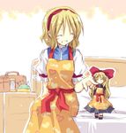  alice_margatroid apron bed blonde_hair bow heart matching_shanghai pincushion satou_kibi shanghai_doll short_hair sketch smile solo thread touhou 