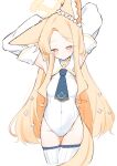  1girl absurdres animal_ear_fluff animal_ears armpits blonde_hair blue_archive blue_necktie blush breasts closed_mouth commentary_request covered_navel detached_sleeves flower fox_ears fox_girl fox_tail hair_flower hair_ornament halo highres leotard long_hair necktie partial_commentary pink_eyes seia_(blue_archive) small_breasts smile solo sonn_er tail thigh_gap thighhighs very_long_hair white_flower white_leotard white_thighhighs yellow_halo 