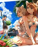  3boys 3girls absurdres animal_ear_fluff animal_ears arm_up armor artist_name barefoot beach beach_umbrella blue_eyes blue_hair blue_sky breastplate breasts brown_hair cat_ears closed_eyes commentary_request eunie_(xenoblade) food fruit head_wings highres holding holding_food holding_fruit indian_style lanz_(xenoblade) manana_(xenoblade) medium_breasts mio_(xenoblade) multiple_boys multiple_girls navel noah_(xenoblade) nopon official_alternate_costume open_mouth rico_ot riku_(xenoblade) sena_(xenoblade) side_ponytail sitting sky smile standing swimsuit taion_(xenoblade) umbrella watermelon wings xenoblade_chronicles_(series) xenoblade_chronicles_3 yellow_eyes 