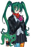  1girl absurdres alternate_costume asymmetrical_legwear black_jacket black_skirt blue_pantyhose blush chibi chibi_inset collared_shirt commentary cookibites earrings fingerless_gloves gloves green_eyes green_hair hair_between_eyes hair_ornament hairclip hatsune_miku highres jacket jewelry ladybug_earrings long_hair looking_at_viewer mismatched_legwear orange_pantyhose pantyhose parallel_hairclips pink_pupils polka_dot polka_dot_gloves polka_dot_pantyhose polka_dot_scarf red_scarf scarf shirt skirt solo twee_fashion twintails very_long_hair vocaloid white_background 