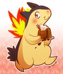  blush cake chocolate commentary dated food fruit gen_2_pokemon lava_cake no_humans plate pokemon pokemon_(creature) red_eyes smile strawberry tina_pratt typhlosion walking 