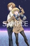  1boy 1girl :d ;d absurdres anime_coloring arm_up artist_request back-to-back black_boots black_pants black_pantyhose black_scarf blonde_hair blue_eyes blue_scarf blush boots breasts breath brown_coat brown_eyes brown_hair coat commentary_request feet_out_of_frame fringe_trim from_side grey_scarf hair_between_eyes hand_in_pocket hand_up highres knee_boots long_hair long_sleeves looking_at_another looking_at_viewer looking_back medium_breasts merchandise_available night official_alternate_costume official_art one_eye_closed open_mouth outdoors pants pantyhose plaid_clothes plaid_scarf qualidea_code sample_watermark scarf second-party_source shirt short_hair sideways_glance smile snowing standing suzaku_ichiya turtleneck turtleneck_shirt utara_canaria v-shaped_eyebrows watermark white_shirt winter_clothes winter_coat 