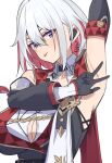  1girl armpits bare_shoulders black_gloves black_unitard blue_eyes breasts cleavage colored_inner_hair commentary_request detached_sleeves earpiece gloves grey_hair hair_ornament honkai:_star_rail honkai_(series) large_breasts multicolored_hair red_hair short_hair streaked_hair tongue tongue_out topaz_(honkai:_star_rail) v ynfkin 