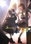  2girls backlighting bang_dream! bang_dream!_it's_mygo!!!!! bare_shoulders black_dress black_necktie blonde_hair brown_hair closed_eyes commentary_request cover cover_page dress english_text highres locked_arms long_hair medium_hair misumi_uika multiple_girls necktie open_mouth rousei sleeveless smile standing standing_on_one_leg sumimi_(bang_dream!) sumita_mana sweat white_dress white_necktie 