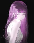  1girl absurdres bare_shoulders black_background blunt_bangs breasts commentary dress fern_(sousou_no_frieren) highres hime_cut long_hair looking_at_viewer medium_breasts parted_lips purple_eyes purple_hair ronuma sidelocks sleeveless sleeveless_dress solo sousou_no_frieren straight_hair upper_body white_dress 