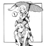  ! 2girls barefoot ben-day_dots blush border bow carrying chenwei_jun chinese_commentary commentary_request dress frilled_ribbon frilled_wrist_cuffs frills front_ponytail greyscale hair_bow hair_ribbon highres holding holding_umbrella kagiyama_hina knees long_hair long_sleeves looking_at_another looking_up medium_hair monochrome multiple_girls open_mouth ribbon screentones shirt shoulder_carry sketch spoken_exclamation_mark tatara_kogasa touhou umbrella vest white_background wrist_cuffs 
