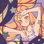  1girl arm_up black_vest blonde_hair blush border chenwei_jun chinese_commentary collarbone commentary_request hat kirisame_marisa light_frown long_hair lying on_back purple_background red_border solo star_(symbol) touhou undershirt uneven_eyes unworn_headwear upper_body vest witch_hat yellow_eyes 