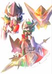  armor armored_dress bob_cut breastplate clothed_pokemon colored_skin dress full_armor gardevoir green_hair green_skin hair_between_eyes helmet highres holding holding_polearm holding_shield holding_weapon horns knight lance maeyufiore multicolored_skin no_feet no_humans pauldrons pokemon pokemon_(creature) pokemon_focus polearm red_armor shield shoulder_armor single_horn two-tone_skin weapon white_skin 