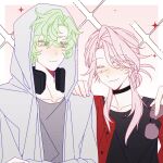  2boys black_collar black_shirt border collar commentary_request gradient_background green_eyes green_hair grey_shirt headphones headphones_around_neck highres holding holding_removed_eyewear hood hood_up hooded_jacket jacket kaida_shion long_hair long_sleeves male_focus masaki_hokusai mulin649479 multiple_boys official_alternate_costume official_alternate_hairstyle one_eye_closed paradox_live pink_eyes pink_hair red_jacket shirt short_hair sparkle sunglasses unworn_eyewear white_border white_jacket 