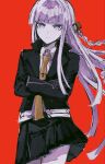  1girl amatou0v0 black_jacket black_skirt braid commentary_request crossed_arms danganronpa:_trigger_happy_havoc danganronpa_(series) hair_tie highres jacket kirigiri_kyoko long_hair looking_at_viewer necktie purple_eyes purple_hair red_background skirt solo yellow_necktie 
