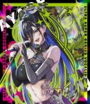  1girl :d ;d abs ayase_yuu ayase_yuu_(2nd_costume) bare_shoulders belt black_background black_belt black_bridal_gauntlets black_hair black_shirt blue_gem blue_hair blue_streaks border bridal_gauntlets character_name colored_inner_hair commentary_request crop_top cropped_shirt earrings english_text flower_tattoo gem gold_trim green_border grey_bridal_gauntlets grey_shirt high_collar high_ponytail highres holding holding_microphone idol jewelry lace-trimmed_bridal_gauntlets lace_trim leaf_tattoo long_bangs long_hair long_sidelocks maximum_pamyu microphone microphone_stand midriff mismatched_bridal_gauntlets multicolored_eyes multicolored_hair multicolored_nails multiple_earrings navel necklace official_alternate_costume official_alternate_hairstyle one_eye_closed open_mouth paint_splatter pendant phase_connect pink_border ponytail shirt sidelocks singing sleeveless smile solo stomach_tattoo streaked_hair tattoo teeth two-tone_shirt upper_body upper_teeth_only very_long_hair virtual_youtuber zoom_layer 