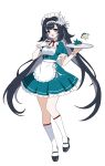  1girl absurdres alternate_costume apron bird_hair_ornament black_hair black_shoes blue_dress breasts commentary dress enmaided ff2074 frilled_apron frilled_hairband frills full_body genshin_impact hair_ornament hairband hands_up highres holding holding_tray lan_yan_(genshin_impact) long_hair looking_at_viewer maid maid_headdress open_mouth puffy_short_sleeves puffy_sleeves purple_eyes shoes short_sleeves simple_background socks solo tray twintails very_long_hair waist_apron white_apron white_background white_hairband white_socks 