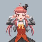  1girl :d absurdres ahoge black_choker black_hat black_jacket black_skirt blunt_bangs bow character_request check_character choker collarbone commentary dungeon_and_fighter earrings english_commentary eyelashes female_mage_(dungeon_and_fighter) grey_background hands_up happy hat highres jacket jewelry long_hair long_sleeves looking_at_viewer magelittlehat mini_hat mini_top_hat open_clothes open_jacket open_mouth red_eyes red_hair red_shirt shirt sidelocks simple_background skirt smile solo spiked_choker spikes striped_clothes striped_jacket teeth top_hat twintails upper_teeth_only vertical-striped_clothes vertical-striped_jacket yellow_bow 