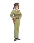  1girl belt beret black_hat black_shoes brown_hair collarbone dark-skinned_female dark_skin fluffkaiser freckles full_body green_belt green_eyes green_jacket green_pants grin hands_on_own_hips hat highres holster holstered iraqi_army jacket one_eye_closed original pants ponytail samira_lina shoes smile solo 