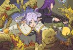  2girls aiming battle capelet earrings elf fern_(sousou_no_frieren) flood_(halo) flood_combat_form frieren green_eyes halo:_combat_evolved halo_(series) health_pack highres indoors jewelry kanokoga long_hair m6d m90 multiple_girls open_mouth pointy_ears purple_hair robe shell_casing sidelocks sousou_no_frieren twintails v-shaped_eyebrows white_capelet white_hair white_robe 