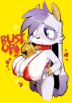 anthro bell bell_collar big_breasts bikini bikini_top billie_(billie_bust_up) billie_bust_up blue_eyes blush blush_lines bodily_fluids bottomless bovid breasts caprine cheek_tuft clothed clothing collar crotch_tuft facial_tuft female fingers flustered fur goat goatboydraws hair hi_res hooved_fingers hooves horn huge_breasts long_ears mammal nonbinary_(lore) purple_body purple_fur purple_hair shortstack shortstack_female solo sweat sweatdrop swimwear tail top_heavy tuft two-piece_swimsuit