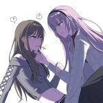  2ammuon 2girls ? after_kiss bang_dream! bang_dream!_our_notes black_hairband blush commentary crop_top ear_blush eye_contact grey_eyes grey_jacket grey_shirt hairband hand_on_another's_chin highres izumi_houka jacket kotohira_nagi long_hair long_sleeves looking_at_another multiple_girls navel pink_hair saliva saliva_trail shirt simple_background smile tearing_up white_background yuri 