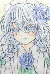  0917yuka 1girl absurdres blue_flower blue_rose blush bow braid closed_mouth collared_shirt commentary_request flower green_bow grey_hair hair_bow hair_flower hair_ornament highres izayoi_sakuya light_smile looking_at_viewer maid_headdress neck_flower rose shirt solo touhou traditional_media twin_braids upper_body white_shirt 