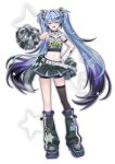  1girl :d absurdres arm_warmers armband belt bike_shorts bike_shorts_under_skirt black_choker black_leg_warmers black_shoes black_skirt black_thighhighs blue_eyes blue_hair character_name cheerleader cheerleading_hatsune_miku_design_contest choker commentary_request crop_top facial_mark fang full_body grey_shirt hair_between_eyes hair_intakes hair_ornament hairclip hand_on_own_hip hatsune_miku highres holding holding_pom_poms layered_legwear leg_warmers long_hair looking_at_viewer midriff miniskirt multicolored_hair navel open_collar open_mouth pendant_choker pom_pom_(cheerleading) print_shirt purple_socks shirt shoes shoulder_tattoo single_thighhigh skirt sleeveless sleeveless_shirt smile socks solo standing star_(symbol) star_facial_mark star_hair_ornament star_symbol_background tattoo text_hair_ornament thighhighs twintails unzipped usasuzu very_long_hair vocaloid wallet_chain white_arm_warmers white_background white_belt y2k_fashion 