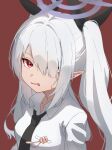  1girl absurdres black_necktie blue_archive commentary dark-skinned_female dark_skin dress_shirt grey_hair hair_over_one_eye halo highres iori_(blue_archive) long_hair looking_at_viewer necktie open_mouth peanut_mouth pointy_ears purple_halo red_background red_eyes shirt simple_background solo twintails yukuya 