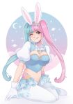  1girl :q ;q animal_ear_hairband animal_ears blue_hair blue_hairband blue_shirt blue_skirt blush breasts brown_eyes cleavage closed_mouth commentary crescent_moon english_commentary eyelashes fake_animal_ears flower full_body gloves hair_ornament hairband heart heart_hair_ornament highres long_hair midriff momo_(o3ohi) moon multicolored_hair navel o3ohi one_eye_closed original outline pantyhose pink_flower pink_hair planet puffy_short_sleeves puffy_sleeves rabbit_ear_hairband rabbit_ears shirt short_sleeves sitting skirt smile solo sparkle split-color_hair tongue tongue_out twintails two-tone_hair white_gloves white_outline white_pantyhose yellow_flower 